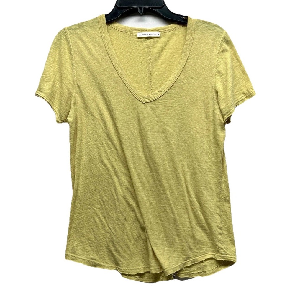 American Giant Women's V-Neck Yellow Small Distressed Cotton T-Shirt (I3)